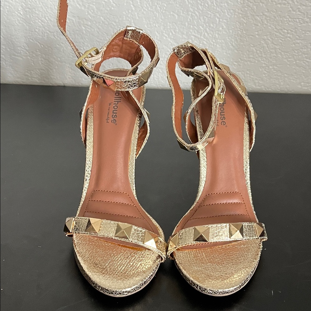 Dollhouse Gold Strappy Heels with Pyramid Studs